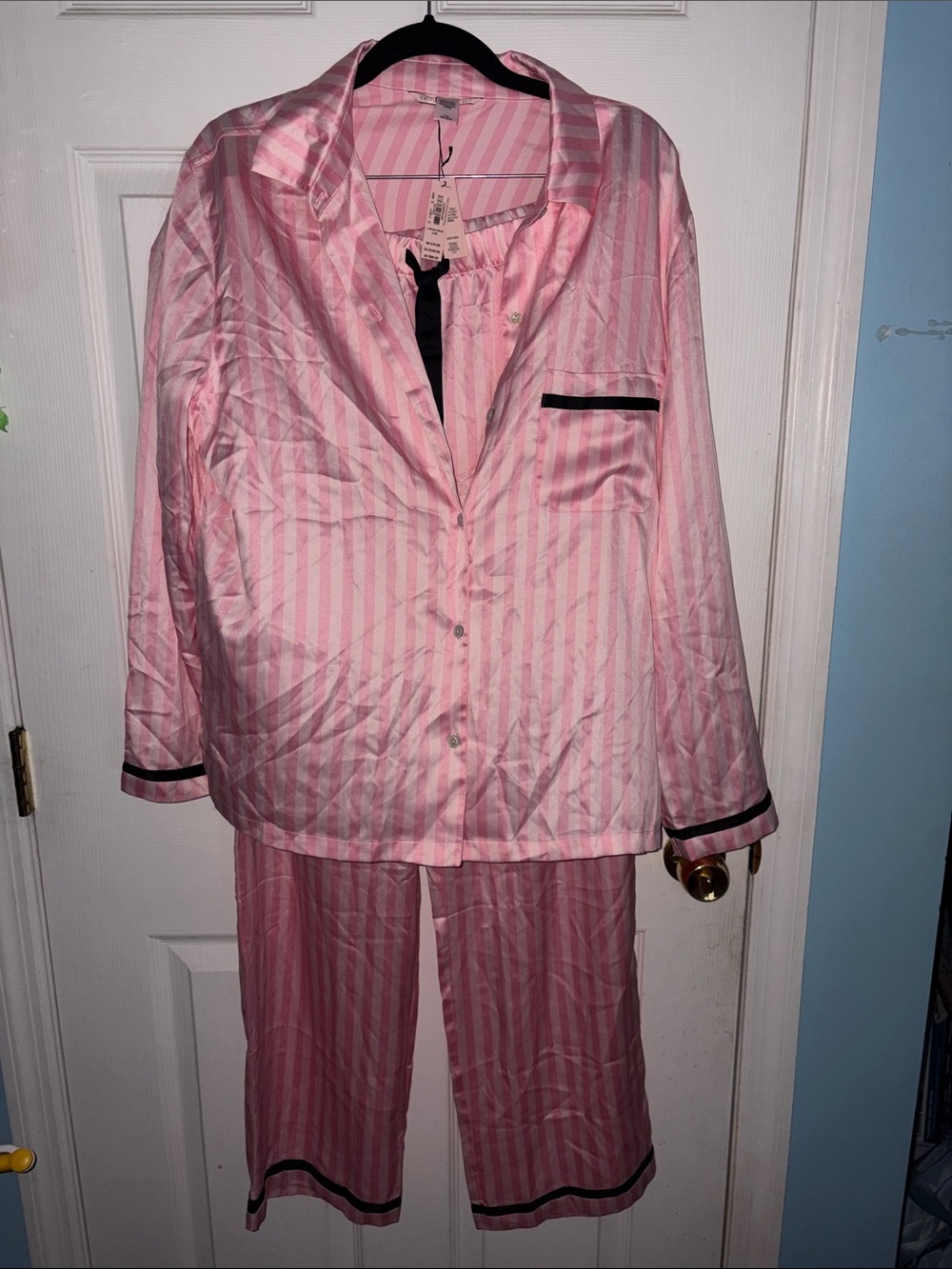 Victoria's Secret Pink Satin Stripe Pajama Pants with Black Trim